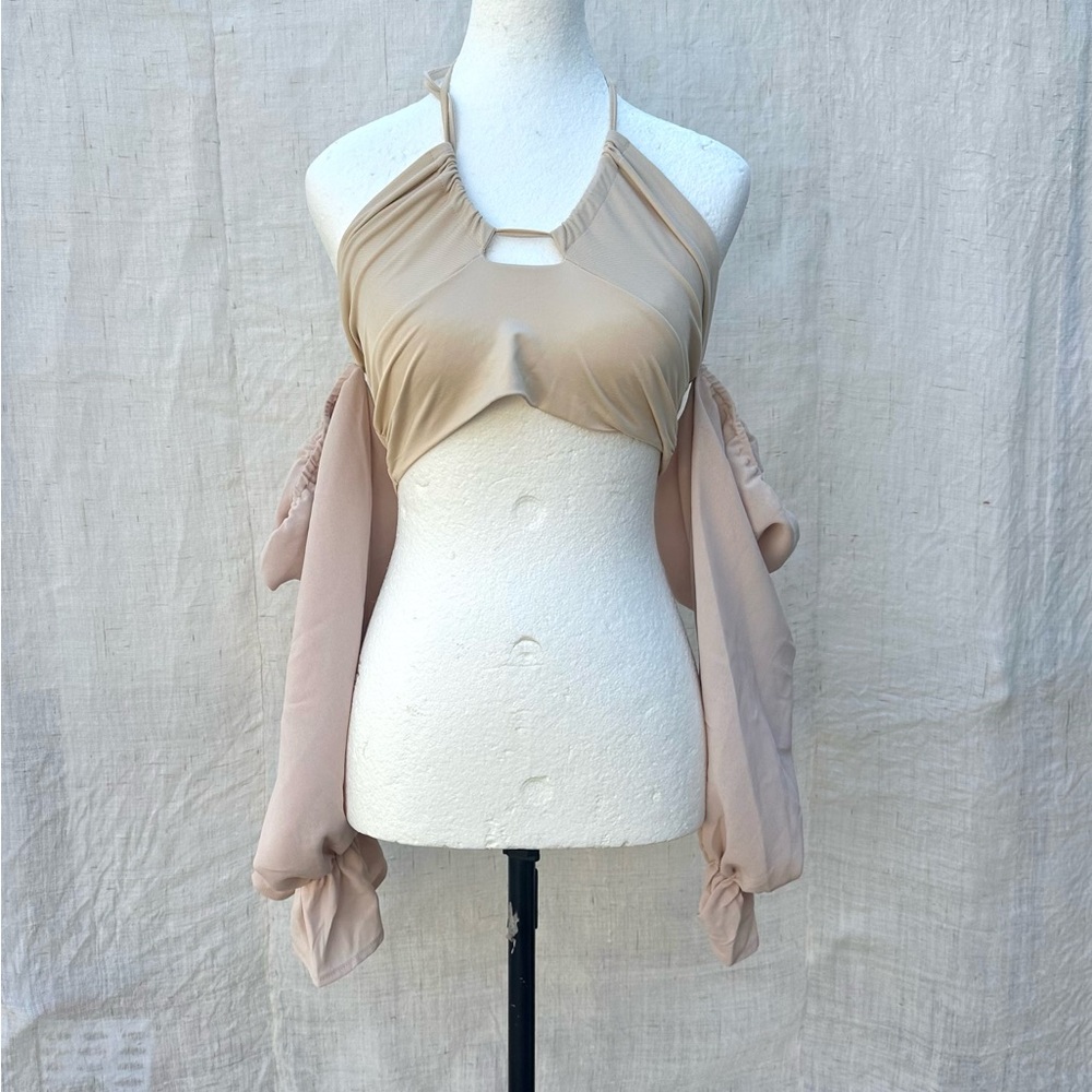 Beige Halter Top with Sheer Sleeves
